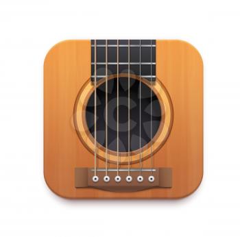 Guitar music app interface vector icon with acoustic guitar musical instrument, strings, neck, sound hole and bridge. Isolated 3d square button of mobile or web application ui or gui design