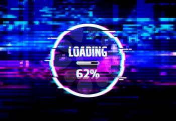 Loading error screen of data glitch effect vector background with loading progress bar and color pixel noise pattern. Digital distortion of computer monitor, internet connection loss and traffic fail