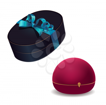 Jewelry gift boxes, vector case of jewel or jewellery. Cartoon red velvet and black leather packages with ribbon and bow for wedding or engagement ring, luxury necklace, diamond bracelet or earrings