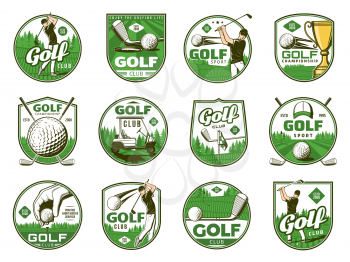 Golf sport vector icons of balls, clubs, tee and holes, golfer, flags and trophy cup. Golf player with equipment, cart and uniform cap on green grass play field or course isolated badges and icons