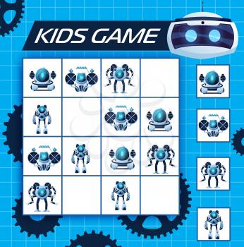 Sudoku kids game with robots, vector riddle with cartoon ai cyborgs, humanoids and androids characters on chequered board. Children logic maze, puzzle for leisure recreation, boardgame with cards