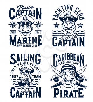 Captain and pirate t-shirt print template. Smiling captain or sailor character in fourage with anchor, pirate face with crossed sabres vector. Yachting and marine sailing club emblem, apparel print
