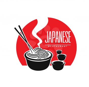 Japanese cuisine restaurant icon with noodles and sauce, vector symbol. Japan and Asian food bar or cafe and restaurant emblem with Japanese ramen or udon noodles an chopsticks