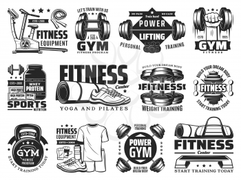 Fitness, gym and bodybuilding sport club vector icons with training barbells. Yoga and pilates health and fit club muscle hand emblems with power lifting dumbbell, treadmill and protein nutrition