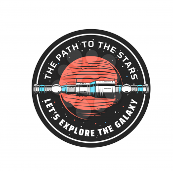 Orbital space station vector icon of space and galaxy exploration design. Isolated round symbol with modular station, Mars planet and stars, meteors, asteroids, meteorites and comets