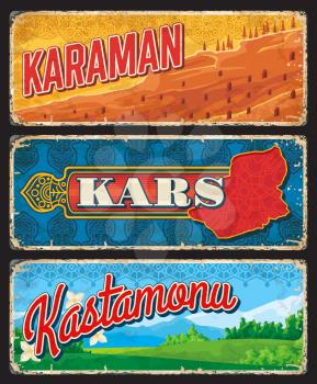 Karaman, Kars and Kastamonu il and provinces of Turkey vintage plates. Vector map of Turkish region, Manazan Caves and nature landscape of Ilgaz mountain national park signs with arabesque ornaments