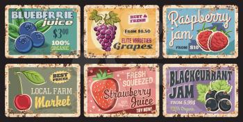 Berries, natural organic on retro rusty plates, fruits farm market vector vintage posters. Farm garden strawberry berries juice and raspberry or black currant jam, blueberry and cherry fresh drinks