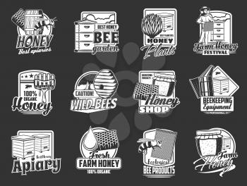 Honey bee, honeycomb and apiary beehive isolated icons, vector beekeeping and apiculture. Beekeeper, hive, pot and jar with flower honey, propolis, beeswax and wooden dipper monochrome emblems design