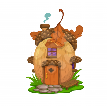 Fairy oak acorn house, vector dwelling of elf, gnome or wizard. Cartoon fantasy home, cottage or bungalow building made of acorn nut with windows, door, roof and chimney, oak tree leaves and bench
