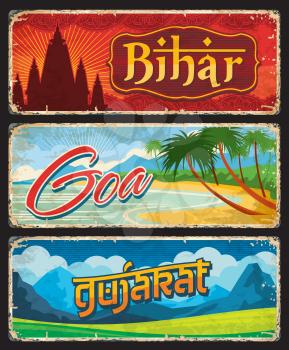 Goa, Gujarat and Bihar, India states tin sings or Indian regions vector metal plates. Indian states welcome or entry road signs with architecture or nature landmarks, travel luggage tags