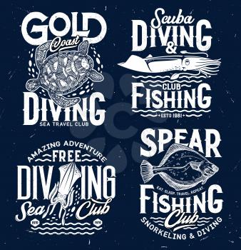 Spear fishing and ocean scuba diving club t-shirt print. Sea turtle, squid or cuttlefish and flounder or flatfish engraved vector. Snorkeling fishing, travel club apparel print with sea animals