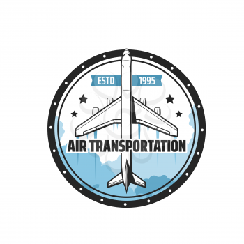Air transportation vector icon of plane, airplane, jet airliner or jetliner flying in blue cloud sky. Air transport, aviation, cargo and passenger aircraft of commercial airlines isolated round badge
