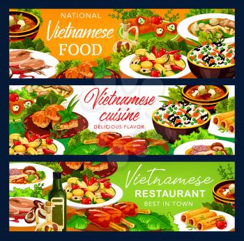 Vietnamese cuisine food banners. Asian restaurant vector vegetables with rice, baked fish and grilled meat cutlet, beef pho bo, noodles and mushroom soups, pancake rolls and stuffed pepper with cheese