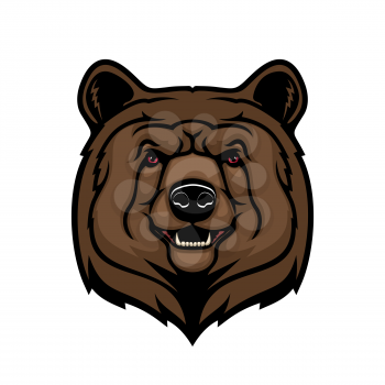 Grizzly brown bear head, wild animal vector mascot. Angry bear predator character with open mouth, teeth and fangs, black nose and red eyes. Forest mammal, zoo or hunting sport theme