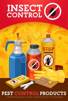 Pest, insect and bug control spray bottles vector design with insecticide and pesticide pump sprayer from mosquito, cockroach and flea. Tick repellent aerosol, ant and roach chalk, rat and mouse trap