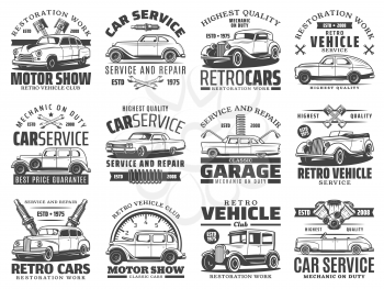 Car service of retro vehicle vector icons of auto repair and mechanic garage design. Vintage cars with spare parts and tools, engine piston, spanner and wrench, spark plug, speedometer and suspension