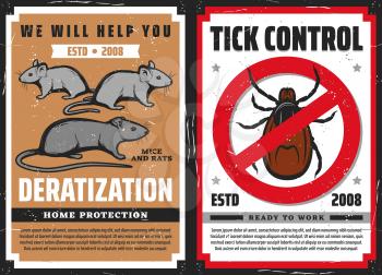 Pest control vector design with rat or mouse and tick with red warning sign. Deratization and mite control retro posters of rodent extermination, disinfection and disinsection services