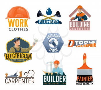 Construction and repair tools vector icons. Electrician, plumber, painter and carpenter service emblems with builders, work tools and equipment, light bulb, paint brush and hard hat