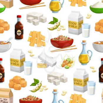 Soybean food vector seamless pattern. Background with soy milk, oil and sauce bottles, tofu, tempeh and miso paste, flour, noodles and meat, tofu skin and sprouted seeds of edamame