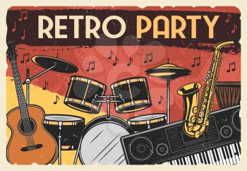 Musical instruments, retro music party vector design. Guitar, drum and saxophone, synthesizer, african djembe and musical notes vintage poster of jazz festival or entertainment themes