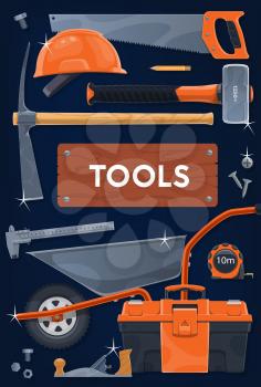 Construction and repair tools vector design. DIY, carpentry and building industry work tools. Toolbox with hammer, saw and hard hat or helmet, screws, tape measure, wheelbarrow and pickaxe