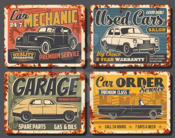 Retro car rusty metal banners of auto service and mechanic garage, gas, oil and spare parts shop vector design. Vintage vehicles of sedan and cabriolet, wrench, spanner, spark plug and mechanical gear