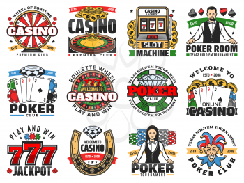 Casino roulette, poker and slot machine icons vector design. Gambling game chips, dice and play cards, wheel of fortune, jackpot 777 and money coins, lucky horseshoe, croupier and joker symbols
