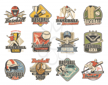 Baseball sport retro icons with vector balls, bats and trophies. Championship winner cup, player and arena play field, team uniform cap, glove and jersey, catcher helmet, mask, pad and mitt badges