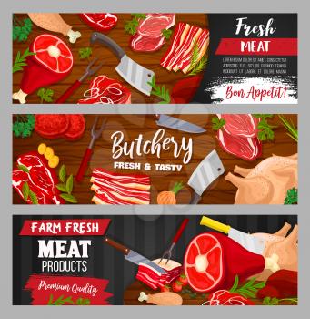 Fresh meat with spice and herbs on wooden background vector design. Beef and pork steaks of butcher shop, bacon strips, lamb chops, barbecue chicken legs and turkey, chef knives, bbq fork and pepper