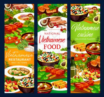 Vietnamese meat and fish dishes with Asian rice and vegetables vector banners. Grilled pork cutlet, baked mackerel and peppers stuffed with cheese, beef pho bo and mushroom noodle soups, pancake rolls