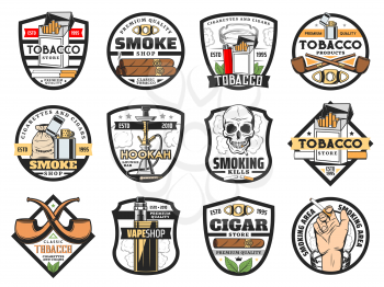 Tobacco store badges with vector cigarette packs, cigars and smoking pipes. Tobacco leaf, bag and smoking skull, ashtray, lighter and hookah, vape, smoker hand and cigar cutter emblems design