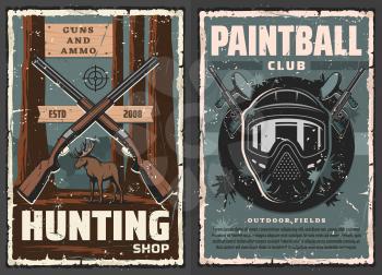 Paintball and hunting sport equipment vector design. Hunter rifles, player guns or markers and protective mask, shotgun target and moose animal at forest retro posters of sport club and weapon store