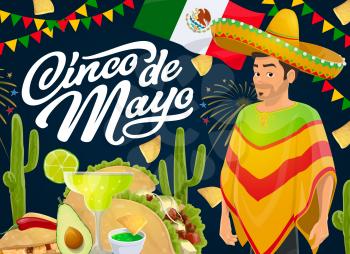 Cinco de Mayo holiday, vector Mexican fiesta sombrero hat, chili peppers and cactuses. Flag of Mexico, margarita, nachos, tacos and tequila, lime and guacamole with festive bunting and fireworks