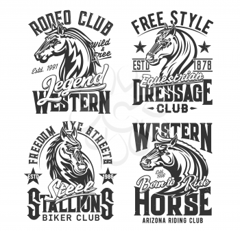 Horse t shirt prints, equestrian races and biker club vector emblem icons. Wild stallion and heraldic horse signs of Arizona horse riding, western rodeo and equine sport club quotes for t-shirt print