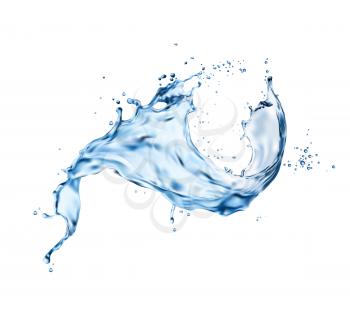 Liquid water splash, wave swirl with drops. Vector splashing aqua dynamic motion water with spray droplets isolated on white background. Transparent realistic 3d pure water splash