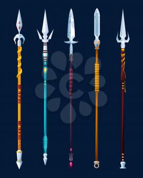 Magical cartoon steel spears and lance weapon. Medieval knight arms, vector game asset icons. Ancient warrior or royal soldier spears and javelin lances weaponry with magic gemstones and silver pikes
