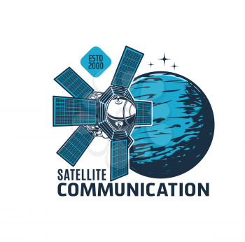 Telecommunication satellite icon, space station or galaxy orbital spaceship vector emblem. Galaxy and space telecommunication, broadcast and navigation systems technology, orbiter satellite