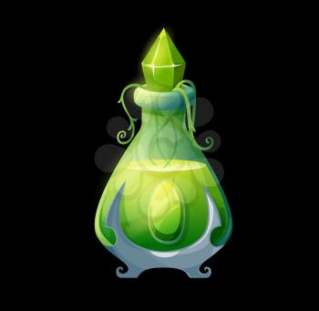 Potion bottle with nature elixir, vial with green magic liquid, crystal bung and plant vines. Vector flask with earth energy. Cartoon witch poison, ui asset for magic game isolated on black background
