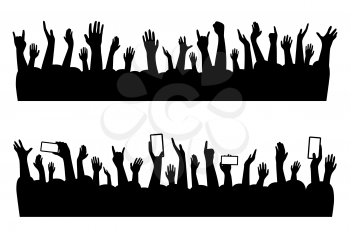 Musical concert hands of people crowd silhouette, vector music party audience background. Music band festival people hands shadow for dance or cheers on rock concert stage or show applause