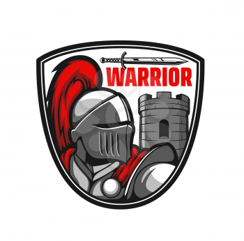 Medieval knight icon. Ancient warrior, crusader or paladin in metal armor with red ponytail, sword weapon and castle or fortress stone tower. Emblem, sticker or vector symbol with fantasy kingdom hero