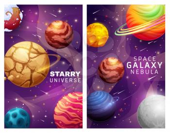 Starry universe and space galaxy nebula landscape cartoon posters with planets and stars vector design. Alien cosmic world with falling comets and shining stars, space exploration fantastic background
