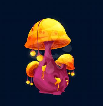Fantasy magic toxic cap mushroom, vector cartoon icon. Luminous toxic toadstool or fairy tale magic mushroom in neon purple or pink and yellow cap with poisonous liquid drips