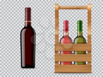 Isolated wine bottle and wooden case or box. Cabernet, Merlot or Chardonnay wine blank black, red and green glass bottles 3d realistic vector mock-up. Alcohol drink gift in wooden batten with handle