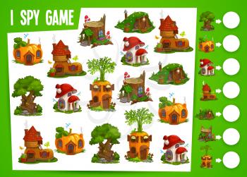 Fairy houses and dwellings kids spy game. Vector educational test with cute fantasy homes stump, mushroom, pumpkin, carrot and boot or tree and hillock. Math child riddle worksheet cartoon design