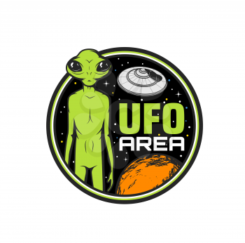 UFO area icon, alien and saucer with space planets, vector. Extraterrestrial Martian creature or green alien humanoid with UFO, ET spaceman invader and paranormal abduction or SCIFI fantasy