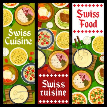Swiss food restaurant dishes banners. Sausages with sauerkraut, Raclette with potatoes and cucumbers, Minestrone soup, cheese fondue and schnitzel, risotto, Fritter Rosti and chard ravioli vector