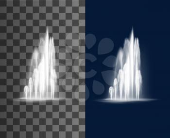 Fountain cascade, water jets vector splashing streams. Realistic multiple geysers flows eruption, 3d water jets spurt up. Waterworks isolated elements for park decoration and outdoor area design