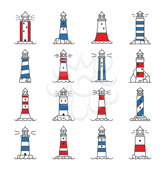 lighthouse and beacon building icons. Light house stripped towers on coast rock, port shore or harbor thin line vector symbols, nautical navigation, maritime travel and marine safety outline icons