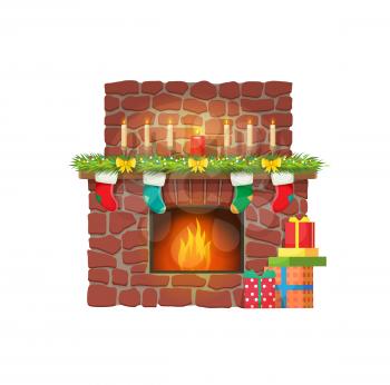 Christmas fireplace with candles and gift socks for Santa presents, vector. Merry Christmas holiday and Happy New Year winter celebration fireplace with chimney, eve candles and stockings