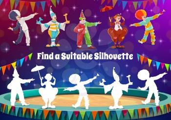 Find a circus clown silhouette, kids game or riddle to match shadow. Vector tabletop puzzle. Find and match same shadow of funfair carnival circus clowns, jesters and jokers performers on stage